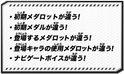 初期メダロットが違う！ / 初期メダルが違う！ / 登場するメダロットが違う！ / 登場キャラの使用メダロットが違う！ / ナビゲートボイスが違う！