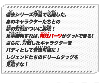 過去シリーズ作品で活躍した、あのキャラクターたちとの夢の対戦がついに実現！見事勝利すれば、特殊パーツがゲットできる！さらに、対戦したキャラクターをバディとして登録可能に！レジェンドたちのドリームタッグを見逃すな！