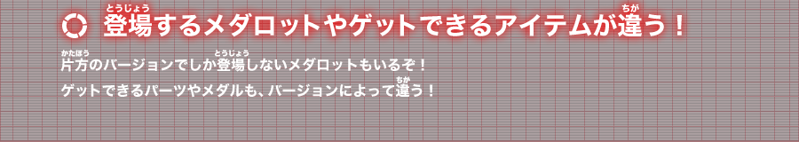 登場するメダロットやゲットできるアイテムが違う！：片方のバージョンでしか登場しないメダロットもいるぞ！ゲットできるパーツやメダルも、バージョンによって違う！