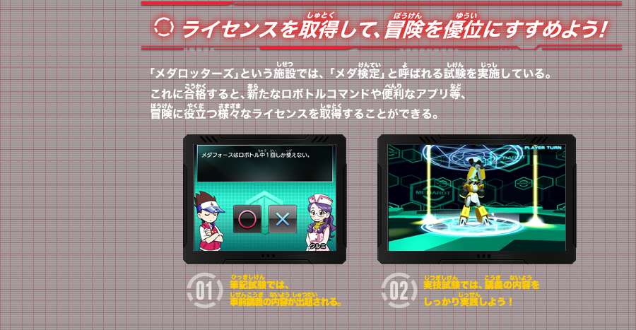 『ライセンスを取得して、冒険を優位にすすめよう！』 「メダロッターズ」という施設では、 「メダ検定」と呼ばれる試験を実施している。これに合格すると、新たなロボトルコマンドや便利なアプリ等、冒険に役立つ様々なライセンスを取得することができる。