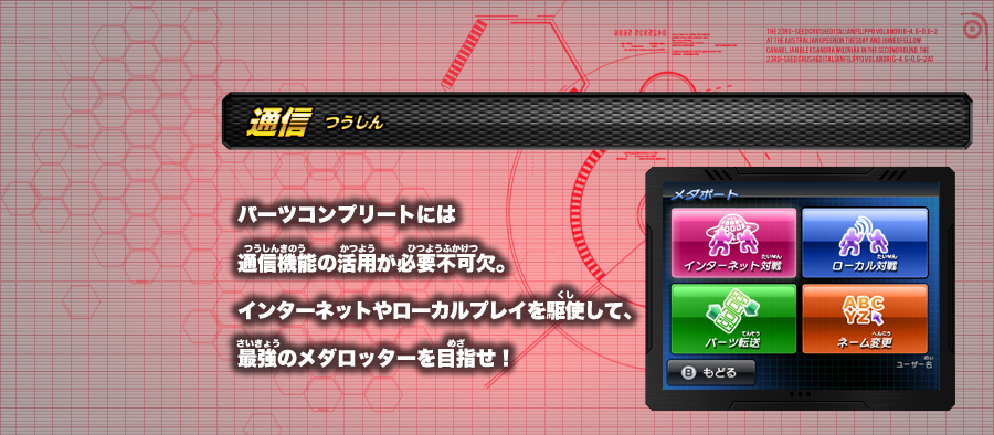 ≪通信≫パーツコンプリートには通信機能の活用が必要不可欠。インターネットやローカルプレイを駆使して、最強のメダロッターを目指せ！