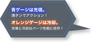 青ゲージは充填。満タンでアクション！オレンジゲージは冷却時間。充填と冷却はパーツ性能に依存！